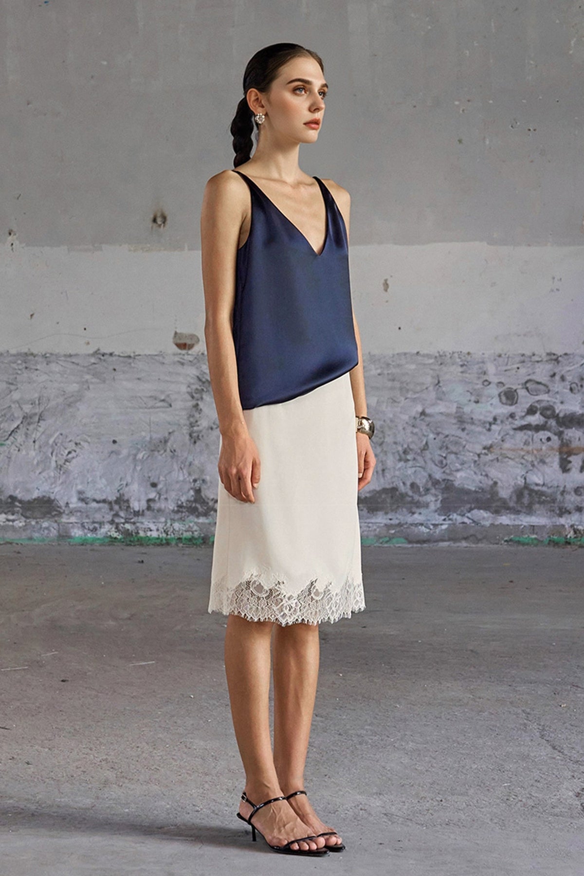 Lace-Trim Crepe Column Midi Skirt
