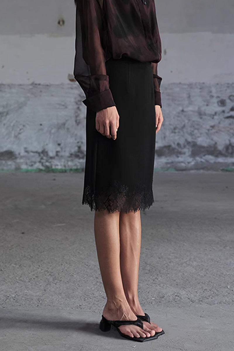 Lace-Trim Crepe Column Midi Skirt