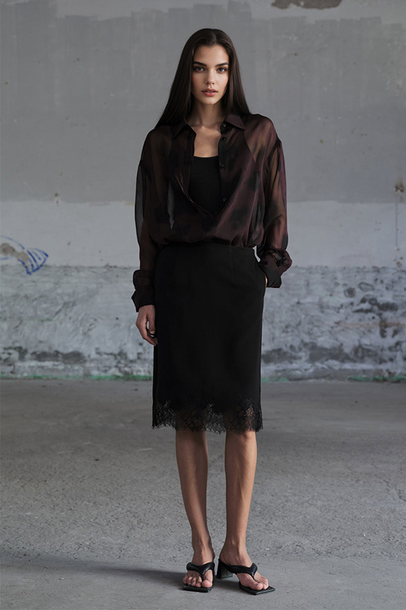 Lace-Trim Crepe Column Midi Skirt