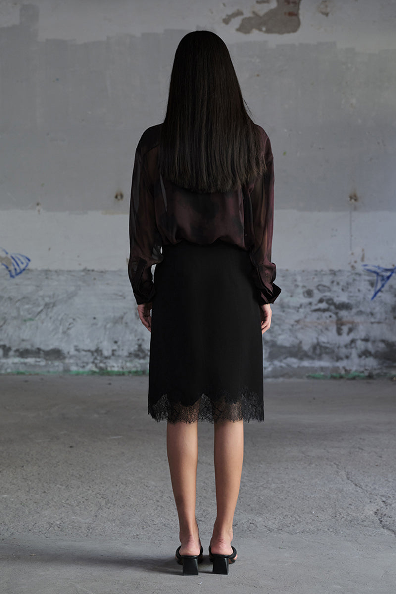Lace-Trim Crepe Column Midi Skirt
