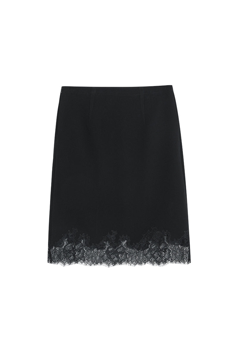Lace-Trim Crepe Column Midi Skirt