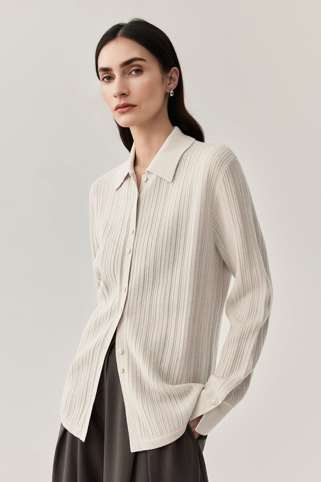 Ultrasoft Ribbed Wool Knit Button-Up Shirt