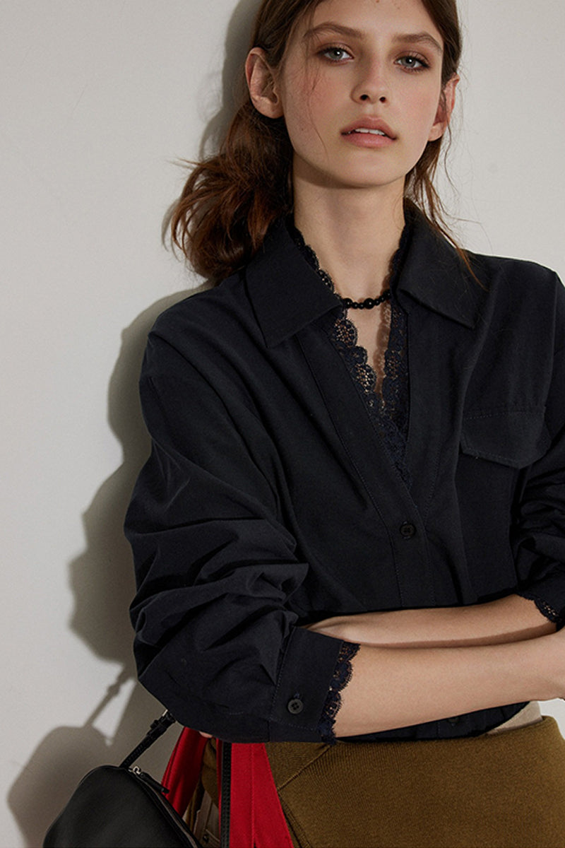 V Neck Collared White Shirt with Lace Trim