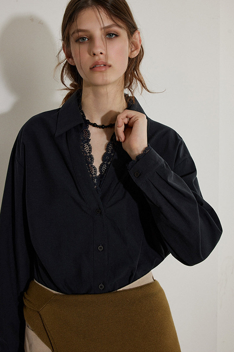 V Neck Collared White Shirt with Lace Trim