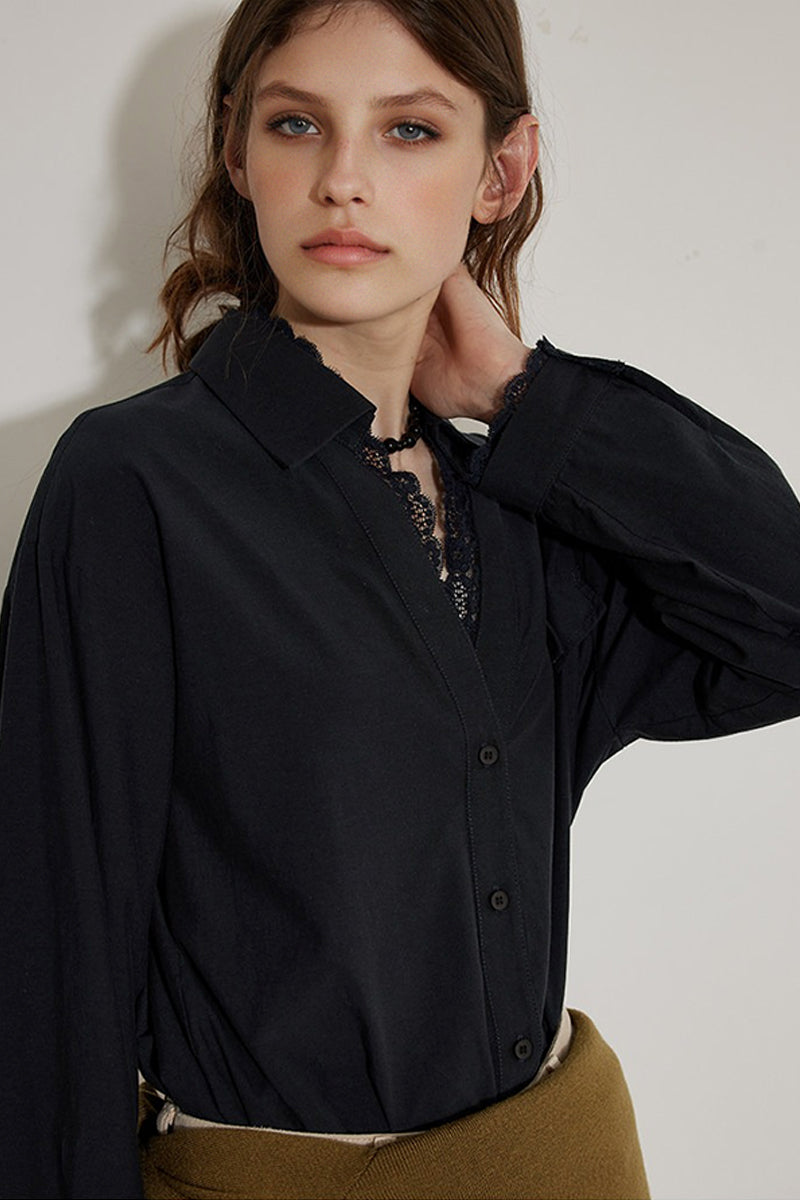 V Neck Collared White Shirt with Lace Trim