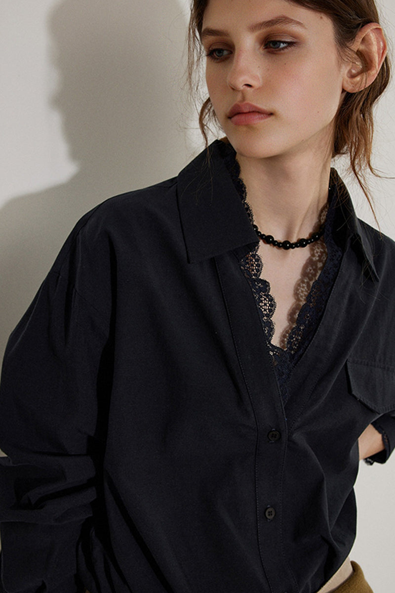 V Neck Collared White Shirt with Lace Trim