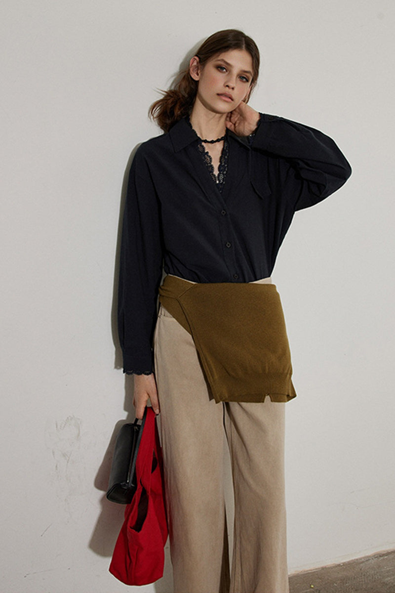 V Neck Collared White Shirt with Lace Trim