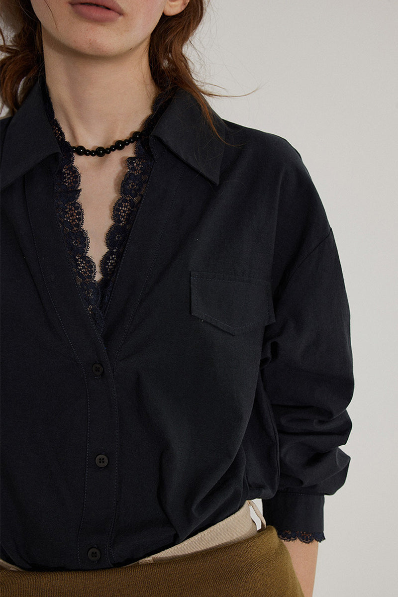 V Neck Collared White Shirt with Lace Trim