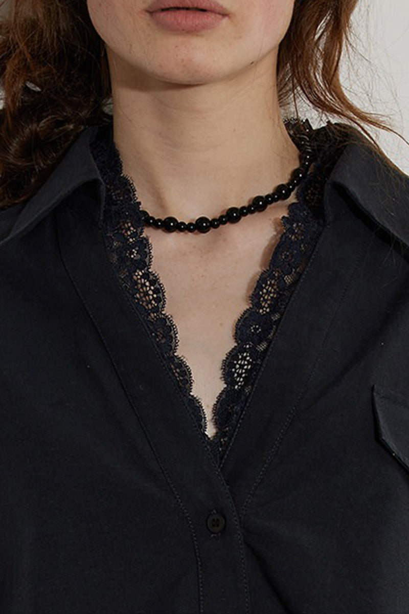 V Neck Collared White Shirt with Lace Trim