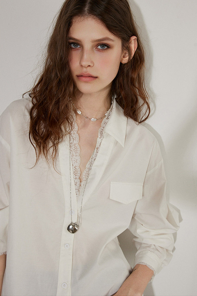 V Neck Collared White Shirt with Lace Trim