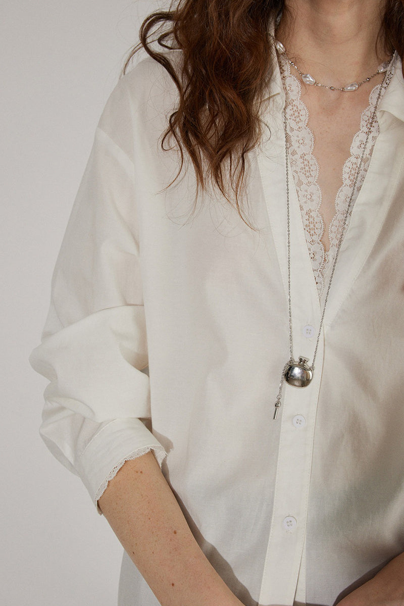 V Neck Collared White Shirt with Lace Trim