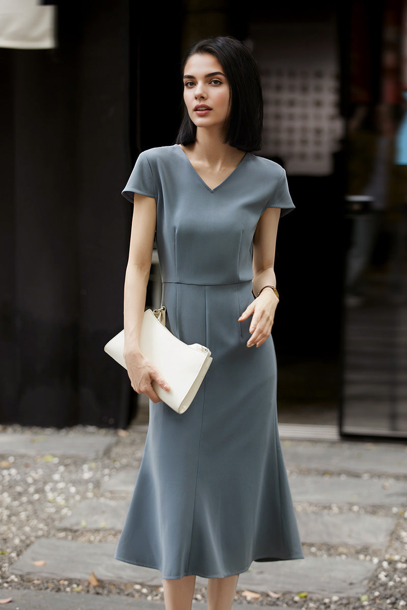 V-Neck Mermaid Midi Dress in Triacetate
