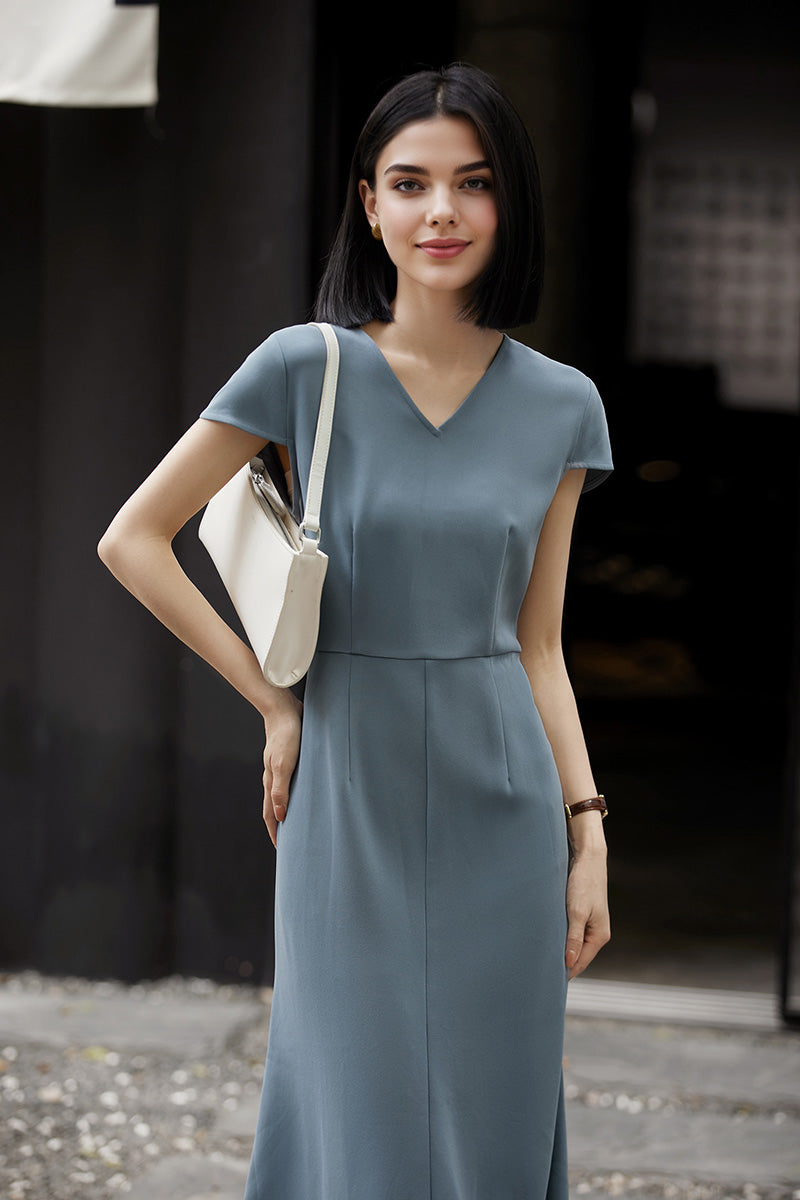 V-Neck Mermaid Midi Dress in Triacetate