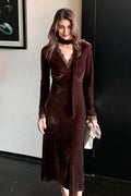 Velvet Long Sleeve Lace V-Neck Midi Dress