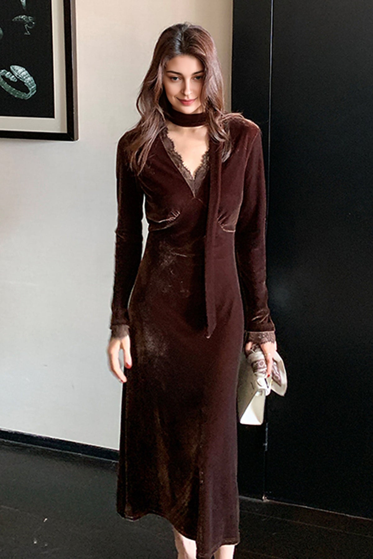 Velvet Long Sleeve Lace V-Neck Midi Dress