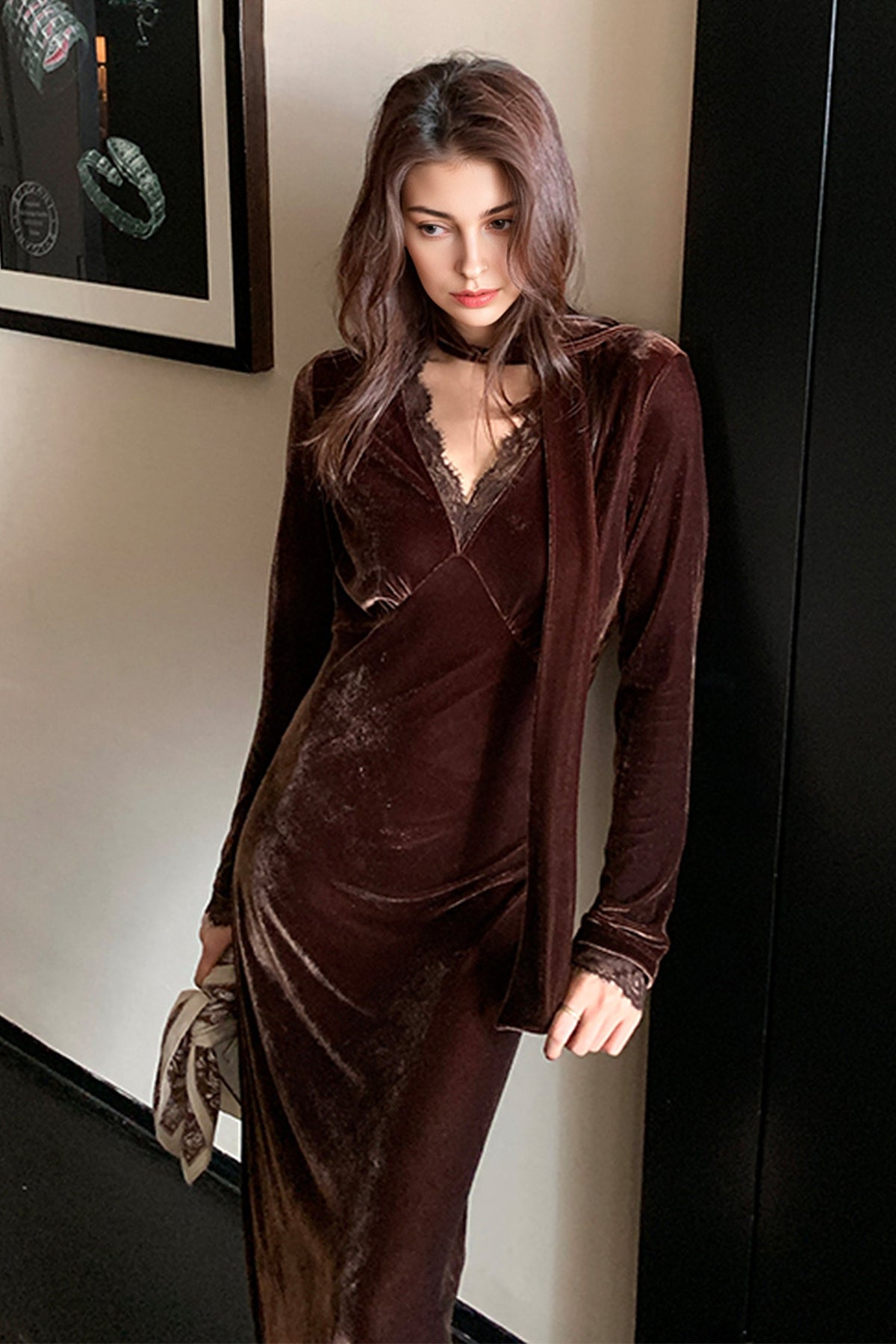 Velvet Long Sleeve Lace V-Neck Midi Dress