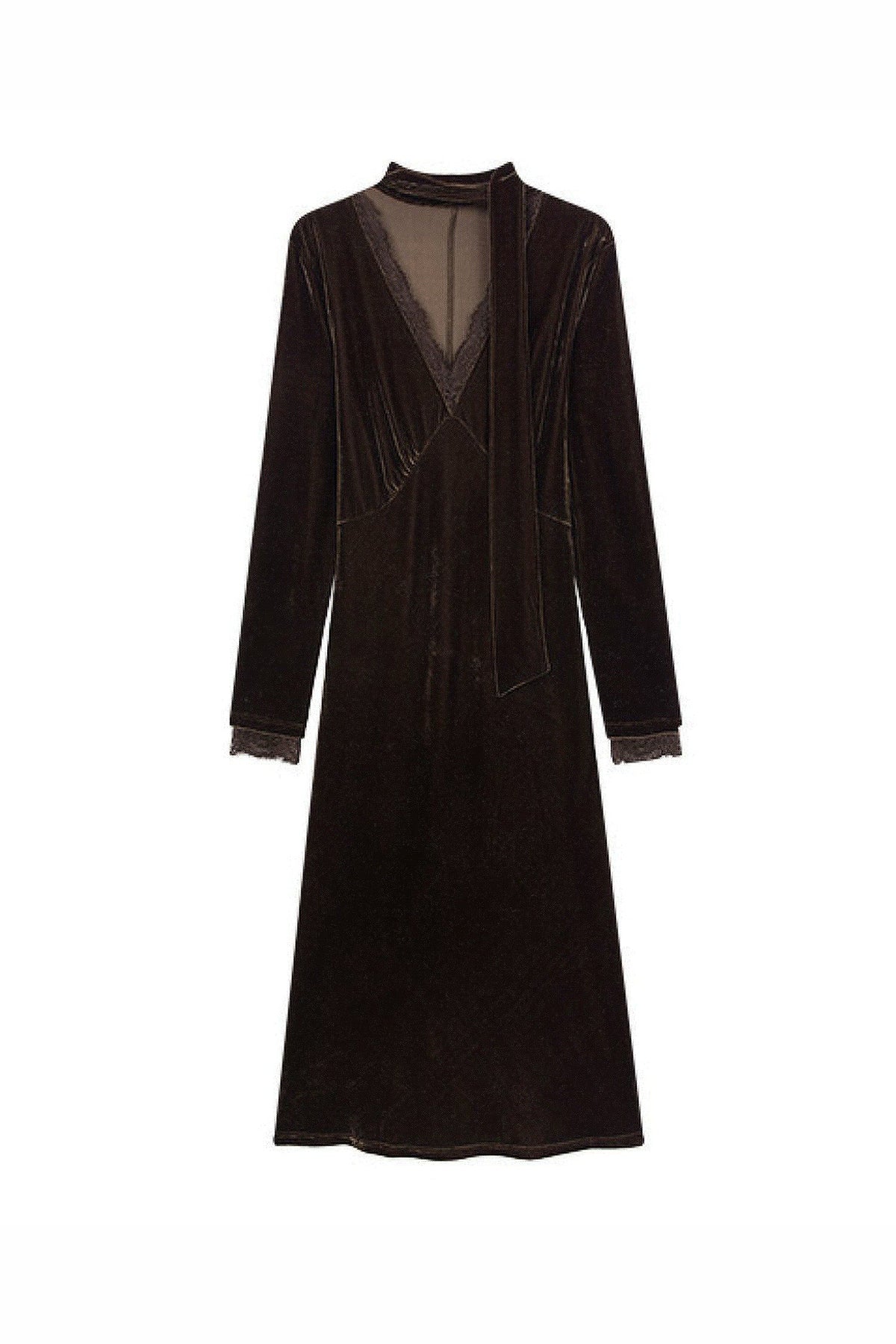 Velvet Long Sleeve Lace V-Neck Midi Dress