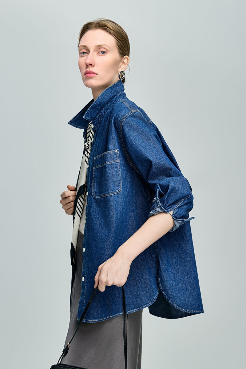 Vintage Denim Long-Sleeve Button-Down Pocket Shirt