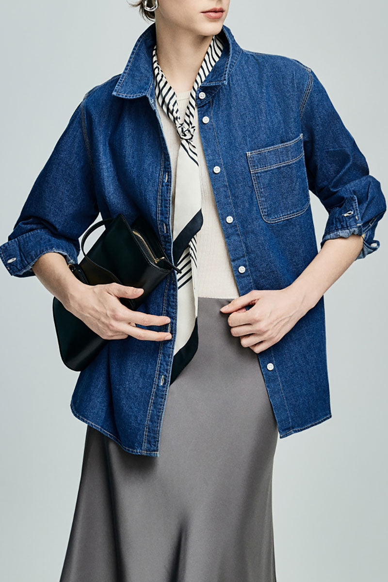 Vintage Denim Long-Sleeve Button-Down Pocket Shirt