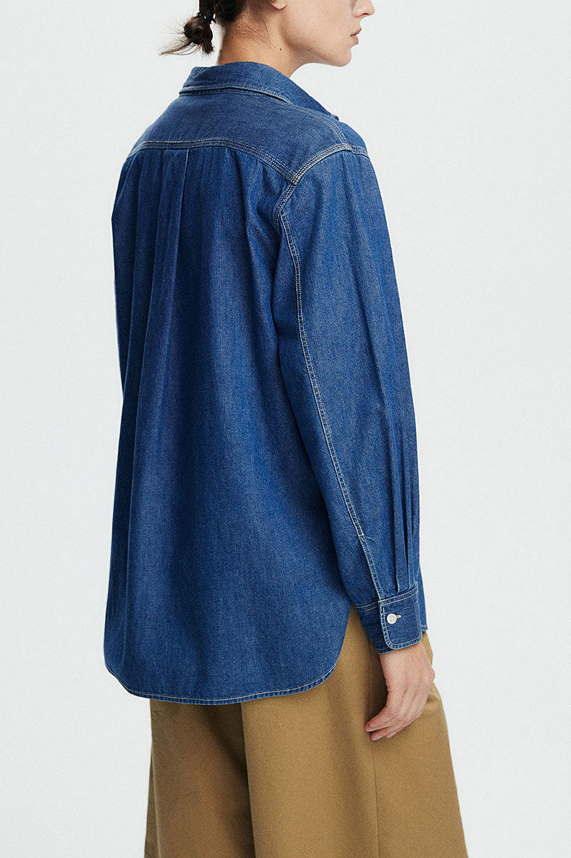 Vintage Denim Long-Sleeve Button-Down Pocket Shirt
