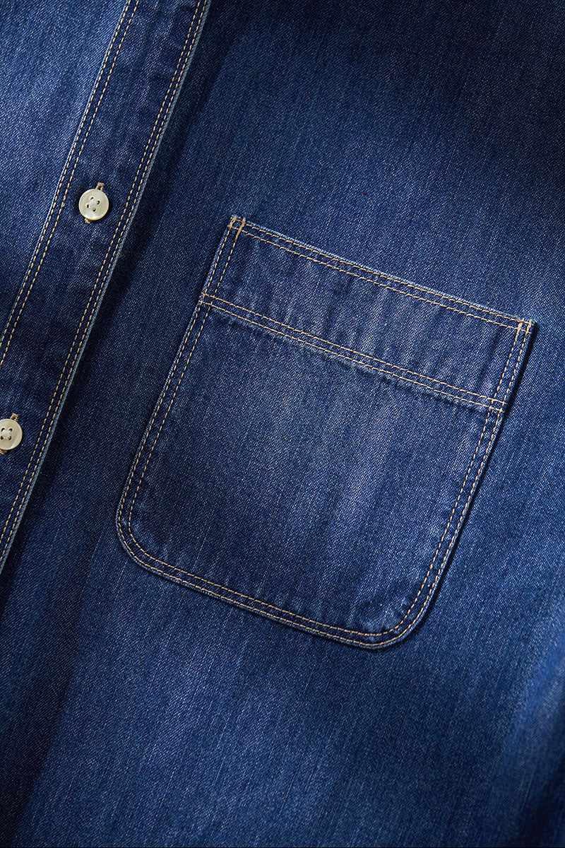 Vintage Denim Long-Sleeve Button-Down Pocket Shirt