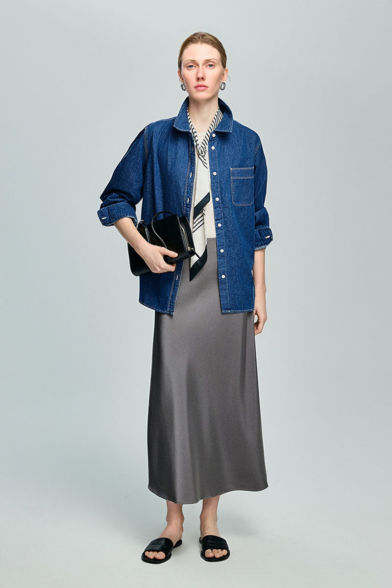 Vintage Denim Long-Sleeve Button-Down Pocket Shirt