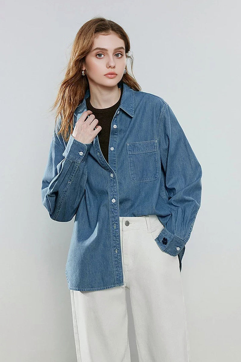 Vintage Denim Long-Sleeve Button-Down Pocket Shirt