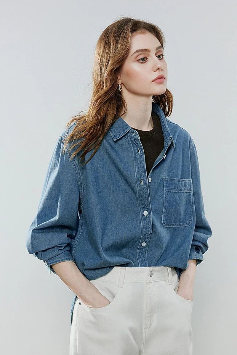 Vintage Denim Long-Sleeve Button-Down Pocket Shirt