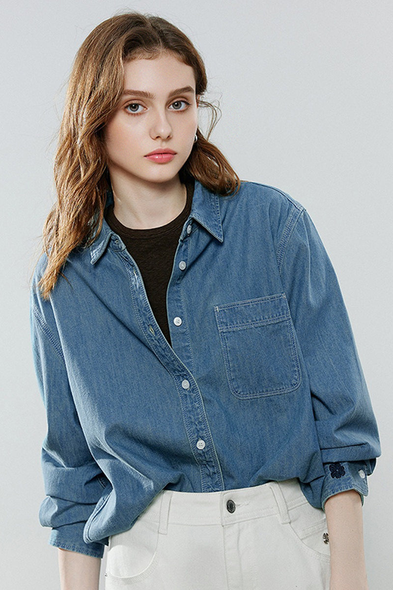 Vintage Denim Long-Sleeve Button-Down Pocket Shirt
