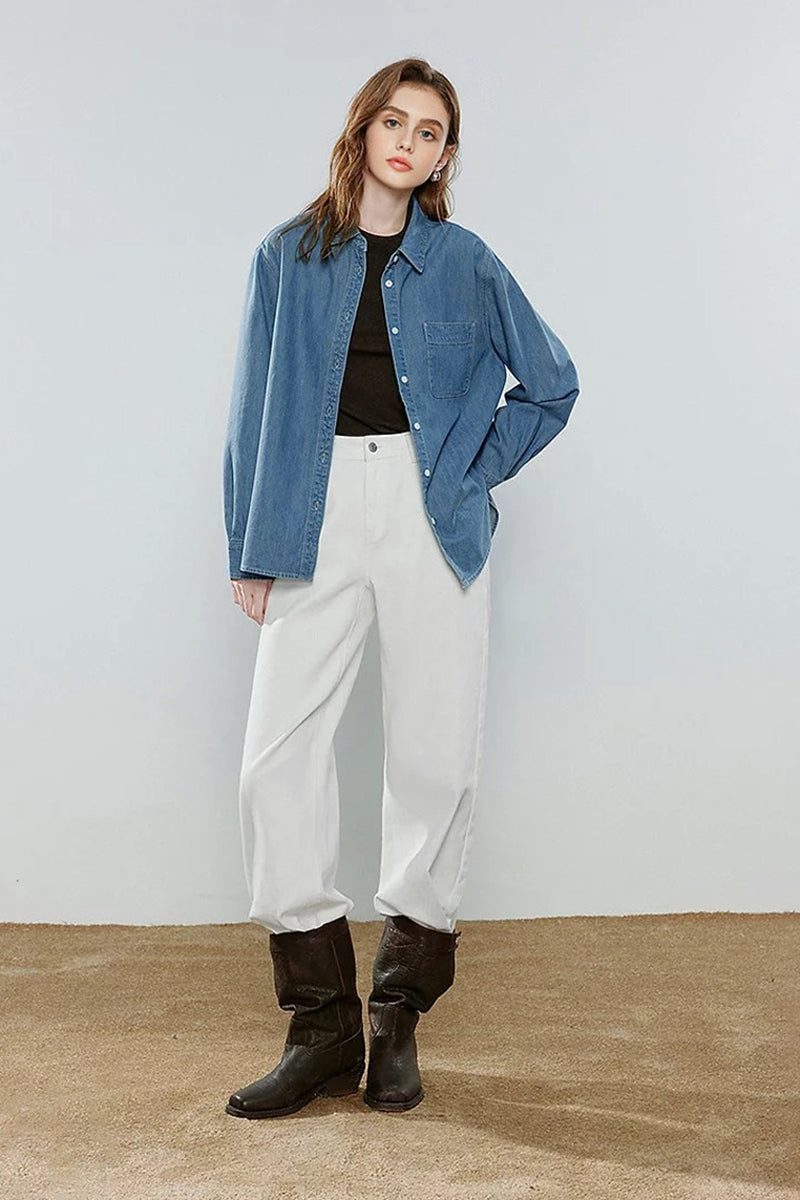 Vintage Denim Long-Sleeve Button-Down Pocket Shirt