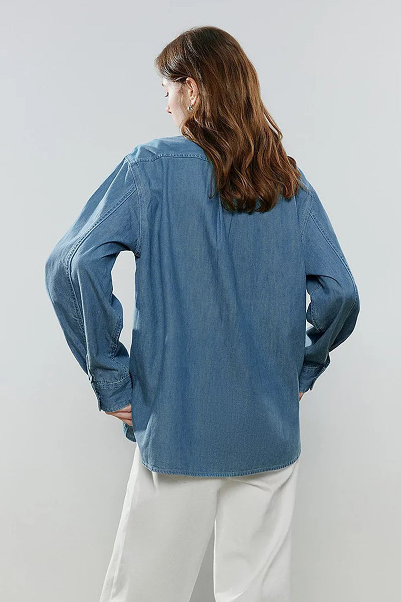 Vintage Denim Long-Sleeve Button-Down Pocket Shirt