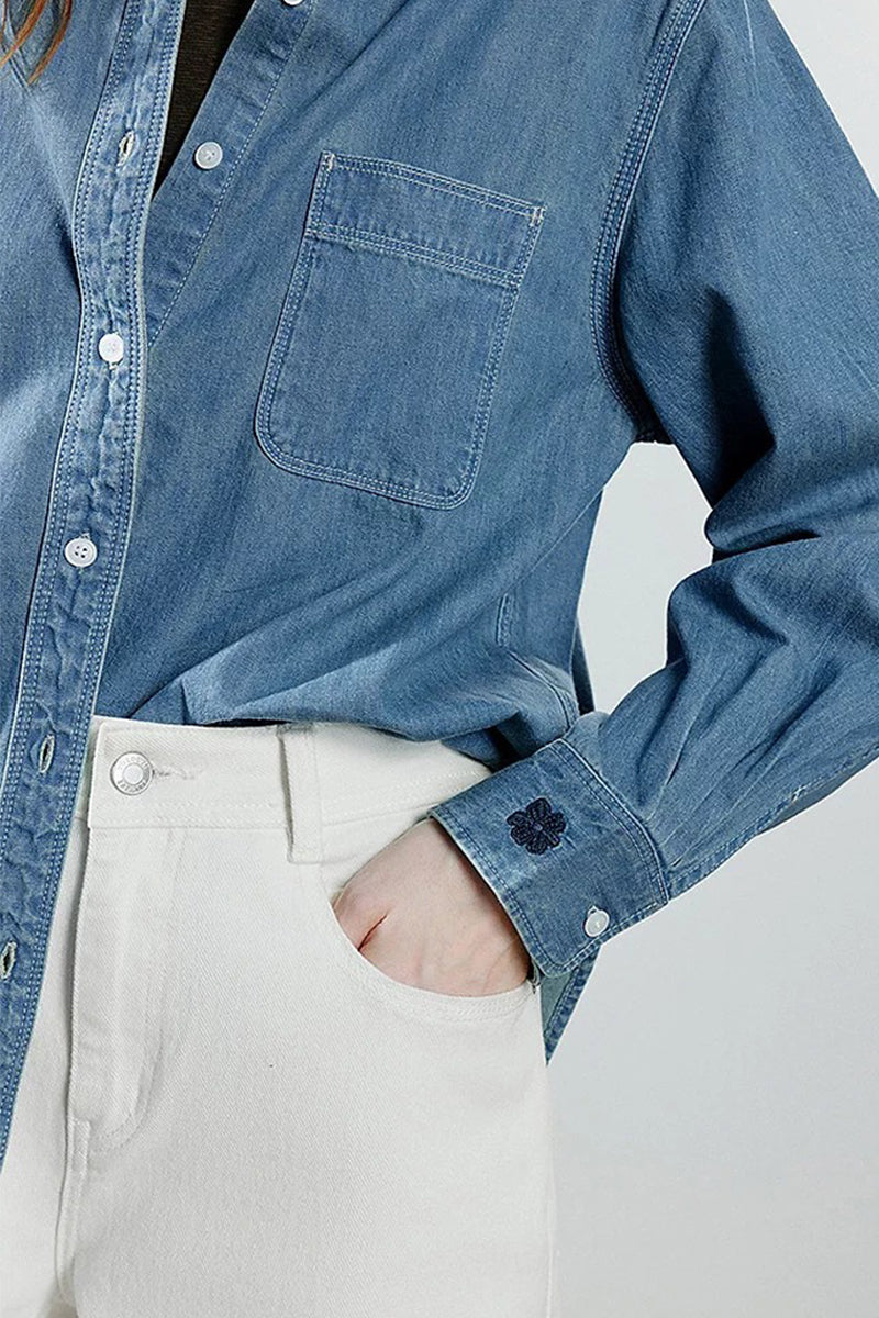 Vintage Denim Long-Sleeve Button-Down Pocket Shirt