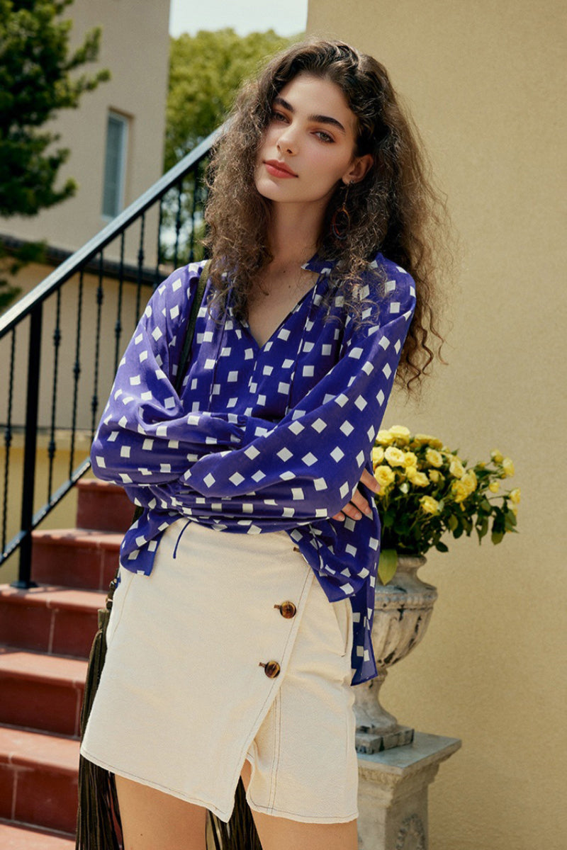 Vintage Silk Double Crepe Tie-Neck Printed Blouson Blouse