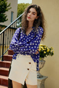 Vintage Silk Double Crepe Tie-Neck Printed Blouson Blouse