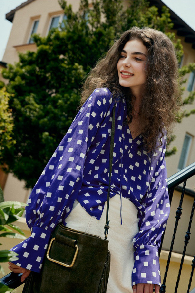 Vintage Silk Double Crepe Tie-Neck Printed Blouson Blouse