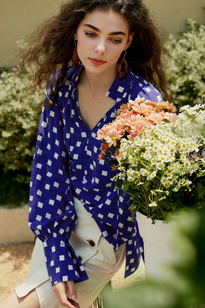 Vintage Silk Double Crepe Tie-Neck Printed Blouson Blouse