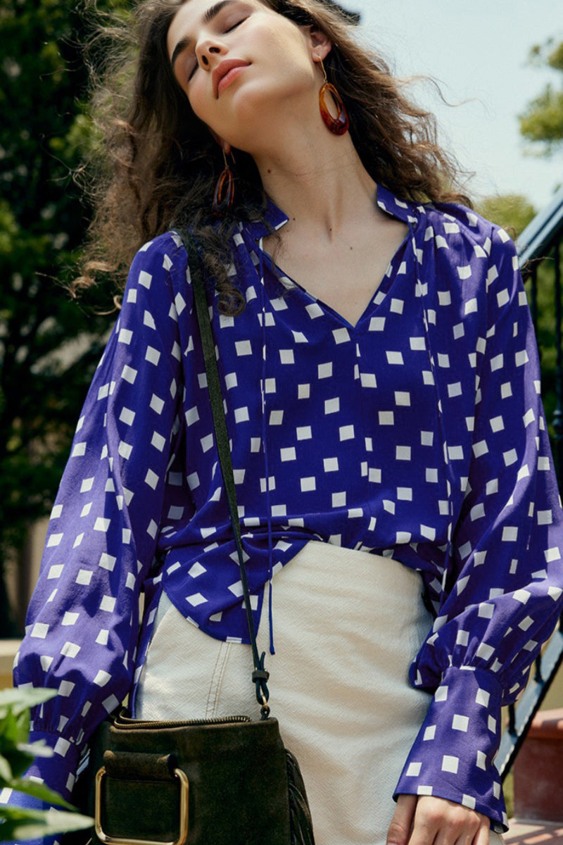 Vintage Silk Double Crepe Tie-Neck Printed Blouson Blouse