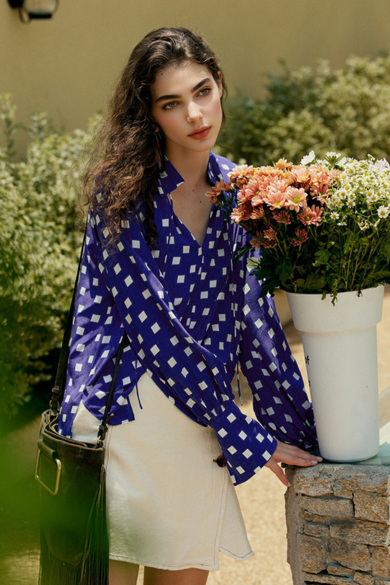 Vintage Silk Double Crepe Tie-Neck Printed Blouson Blouse
