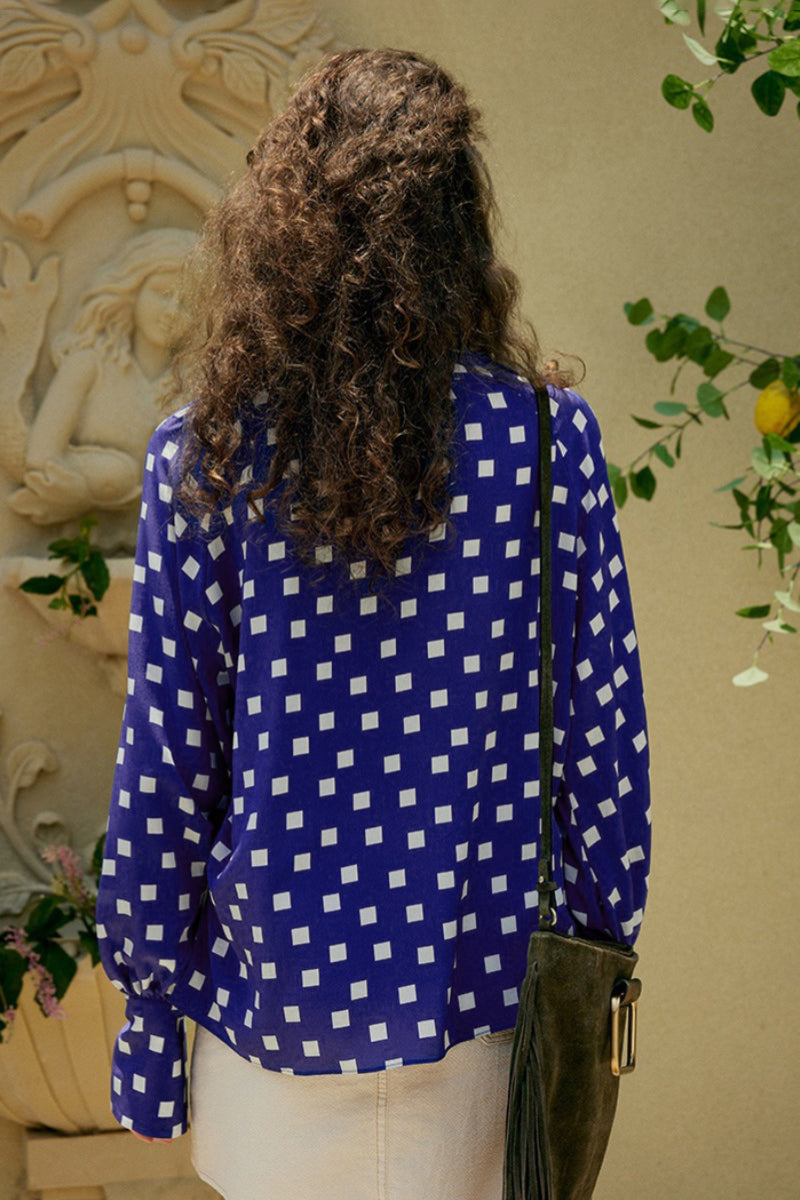 Vintage Silk Double Crepe Tie-Neck Printed Blouson Blouse