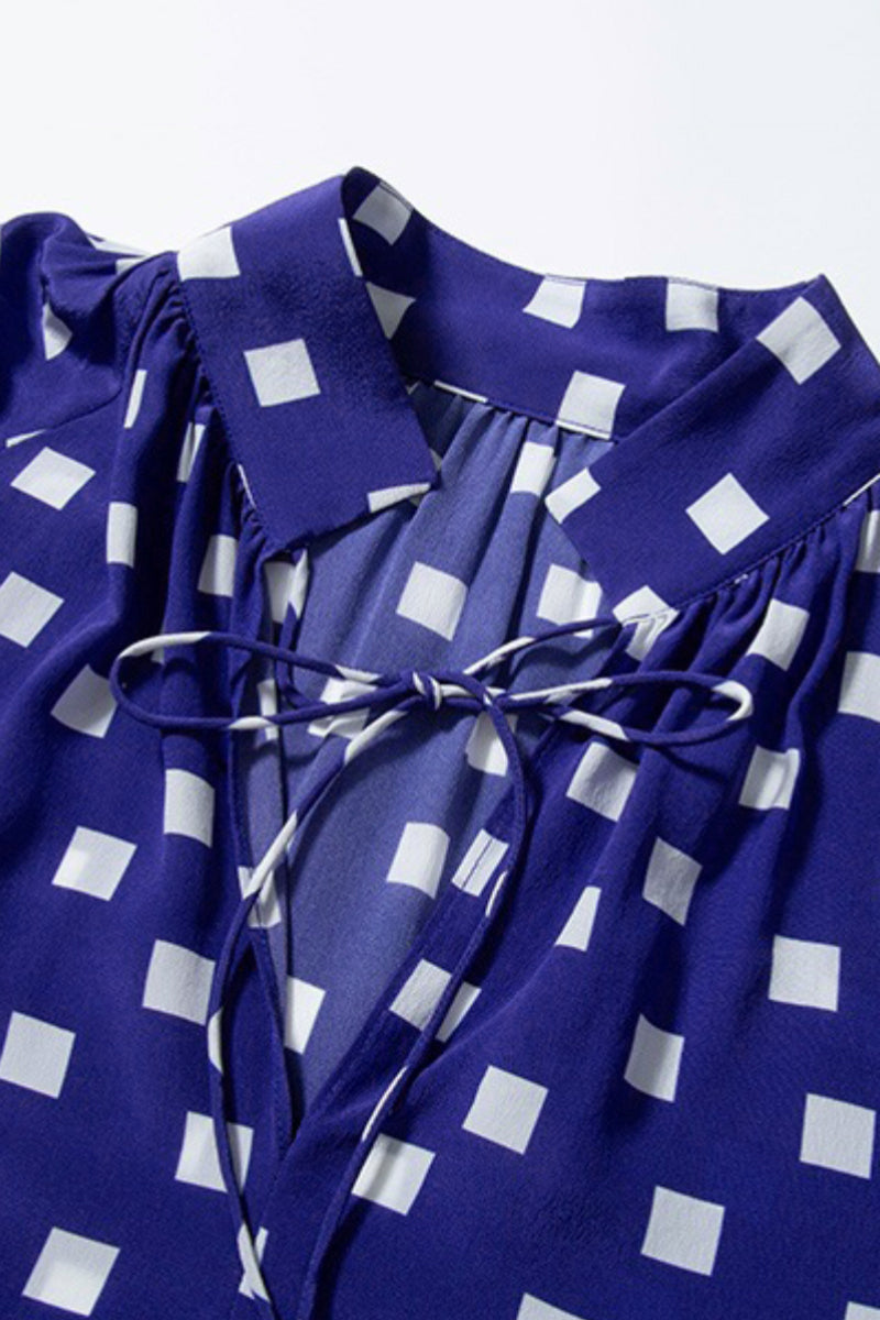 Vintage Silk Double Crepe Tie-Neck Printed Blouson Blouse