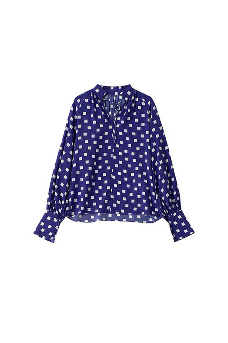 Vintage Silk Double Crepe Tie-Neck Printed Blouson Blouse
