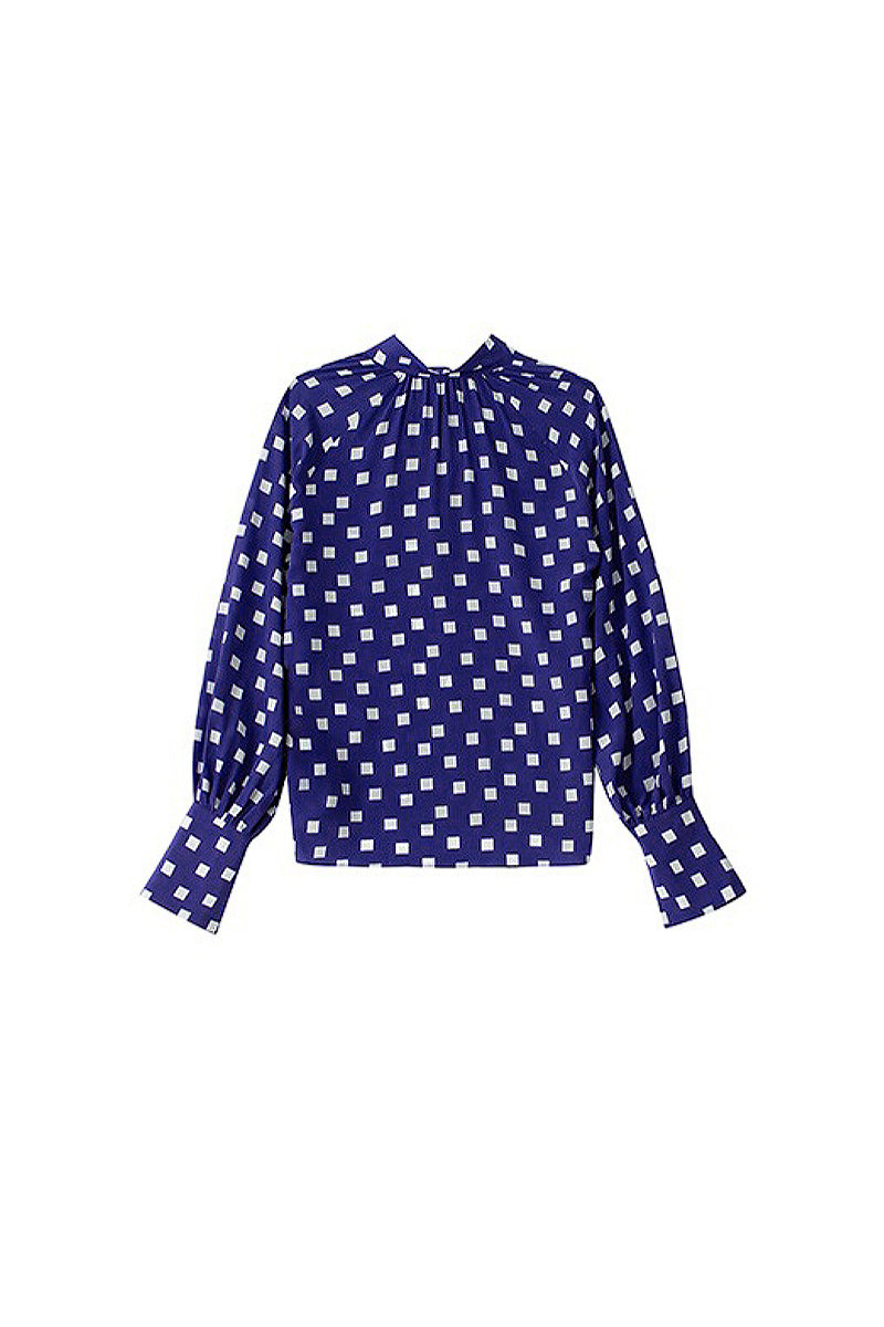 Vintage Silk Double Crepe Tie-Neck Printed Blouson Blouse