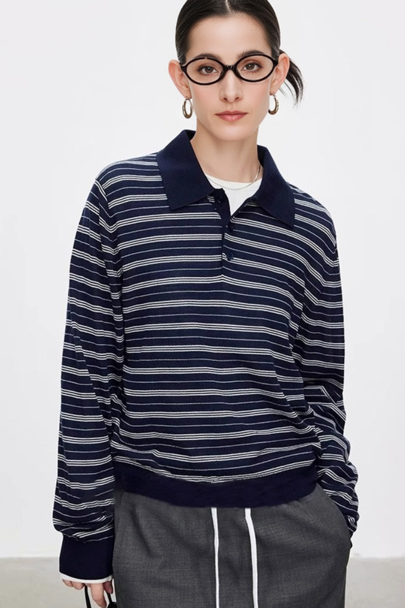Washable Merino Wool Striped Polo Shirt