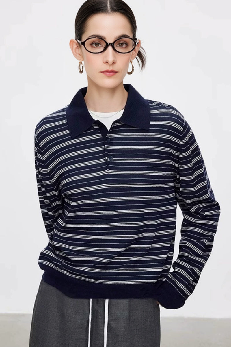 Washable Merino Wool Striped Polo Shirt
