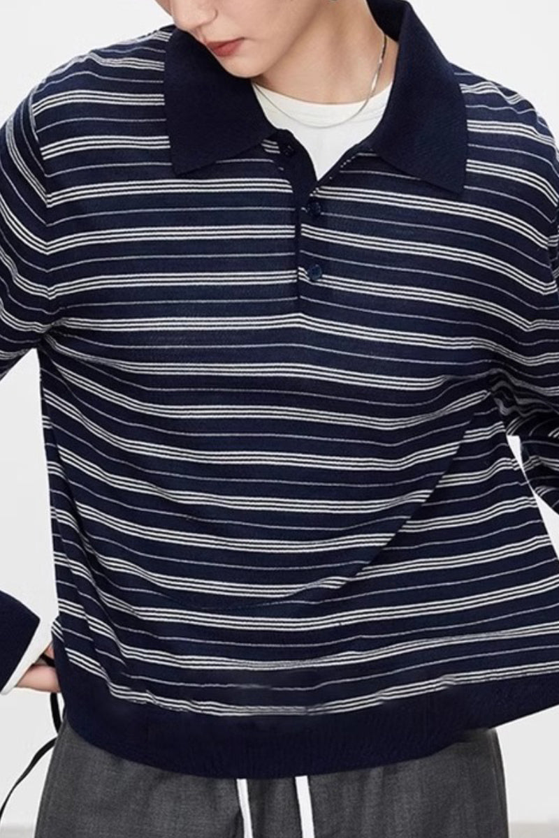 Washable Merino Wool Striped Polo Shirt
