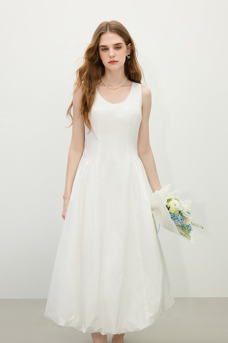 White 100 Cotton Sleeveless Scoop-Neck Bubble Midi Dress