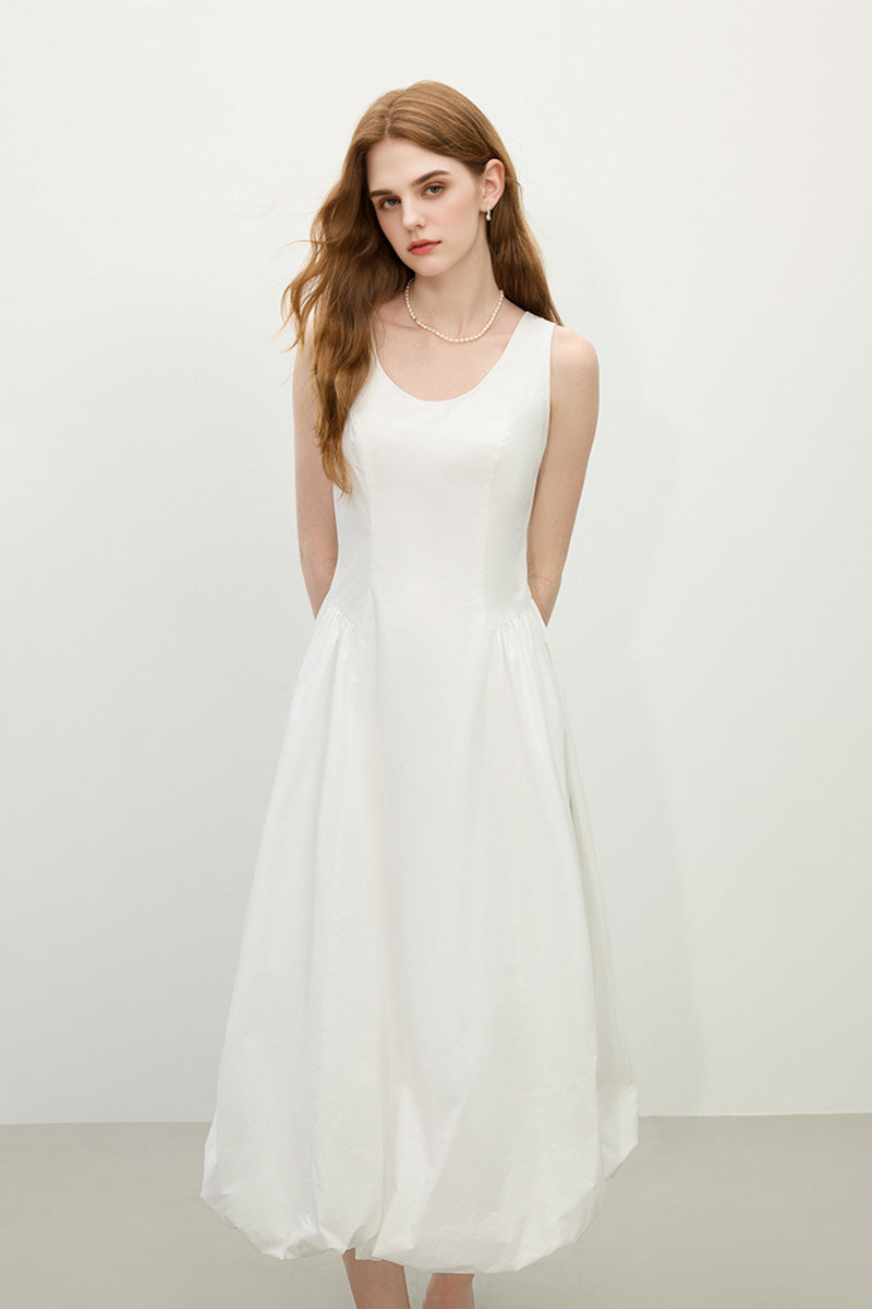 White 100 Cotton Sleeveless Scoop-Neck Bubble Midi Dress