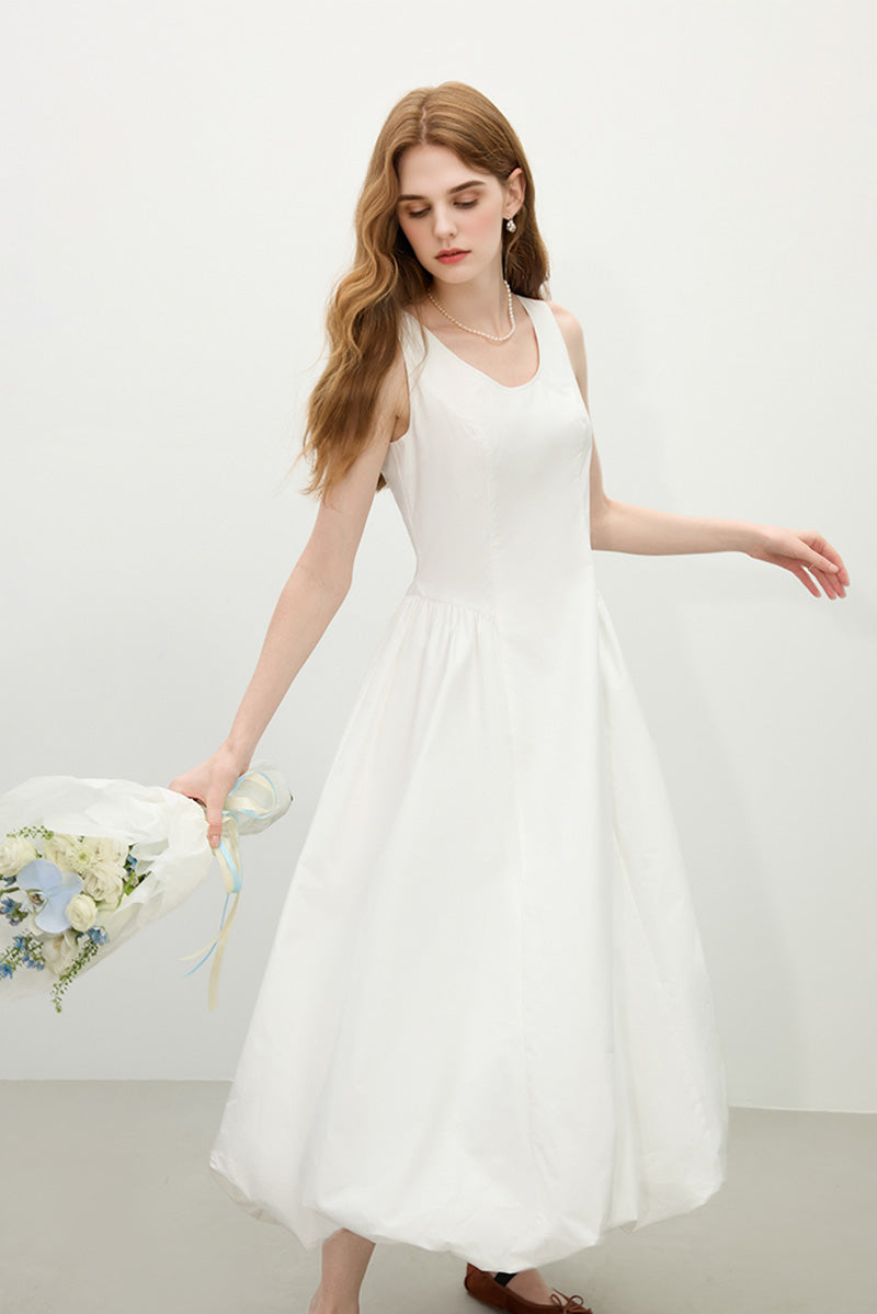 White 100 Cotton Sleeveless Scoop-Neck Bubble Midi Dress