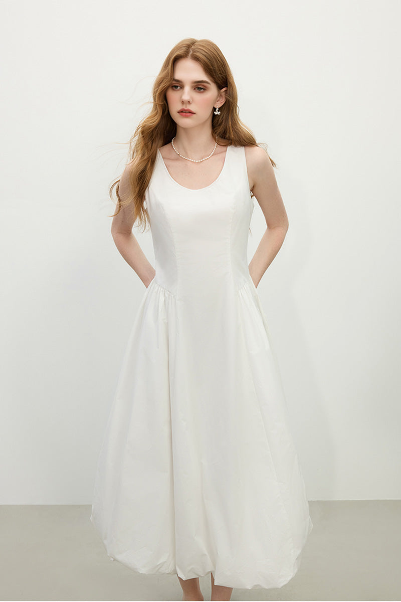 White 100 Cotton Sleeveless Scoop-Neck Bubble Midi Dress