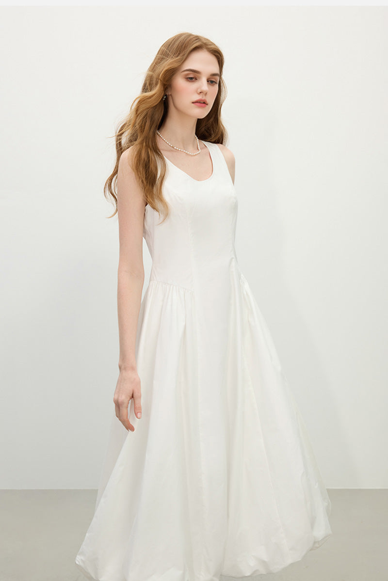 White 100 Cotton Sleeveless Scoop-Neck Bubble Midi Dress